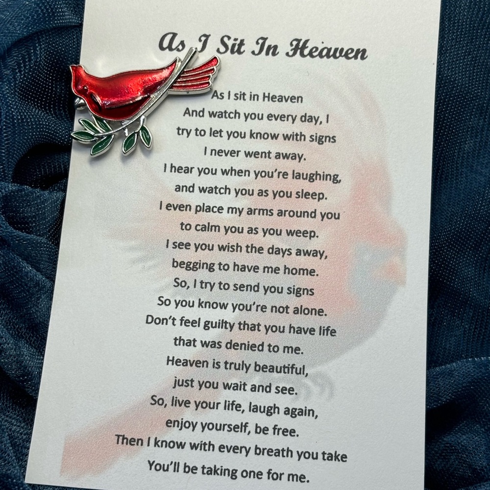 As I Sit in Heaven poem card red cardinal bird pin brooch - Picture 2 of 6